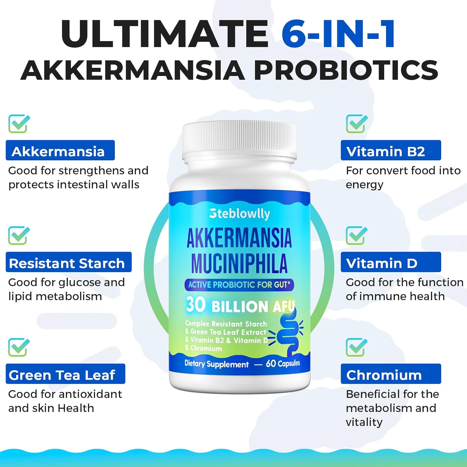 Akkermansia Probiotic with GLP-1 for Gut Health, Digestive and Metabolic Support - 60 Capsules