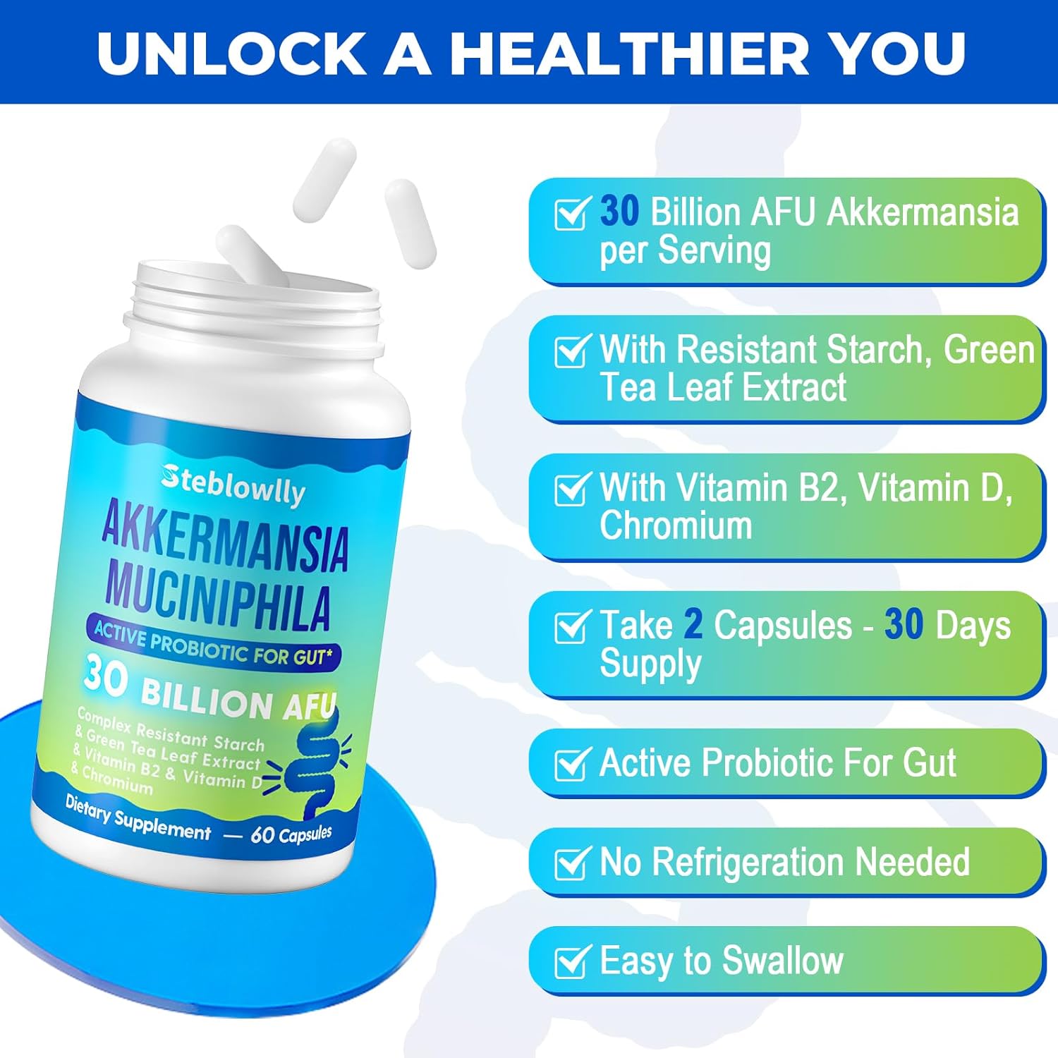 Akkermansia Probiotic with GLP-1 for Gut Health, Digestive and Metabolic Support - 60 Capsules