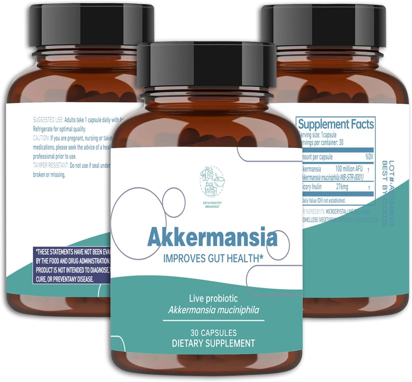 Akkermansia Probiotic with Prebiotic Fiber - Boosts GLP-1 Levels, Supports Gut Health & Weight Loss - 30 Capsules
