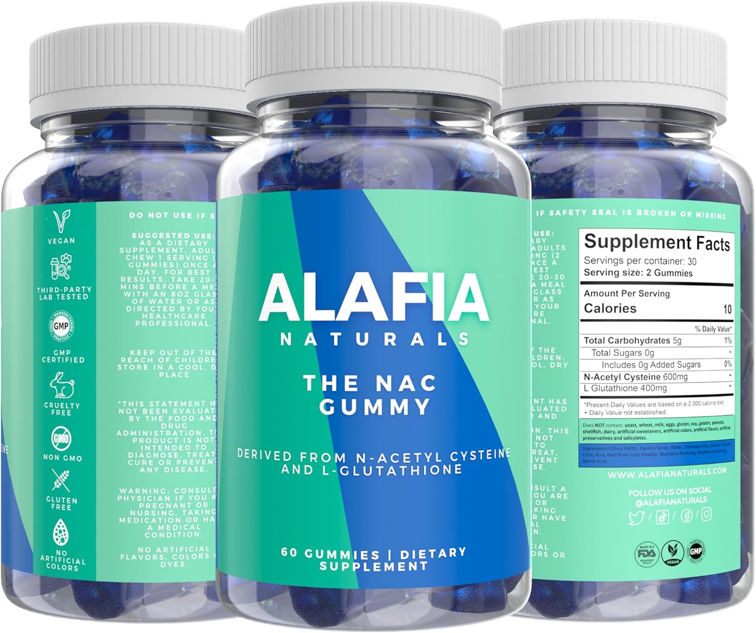 Alafia Naturals NAC Gummies - Sugar-Free Supplement for Respiratory, Liver, Kidney Health - Antioxidant Support - MCT-Oil Coated - Vegan - 60ct
