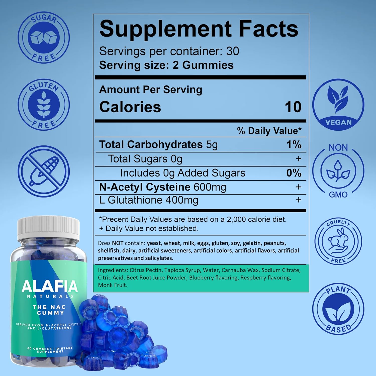 Alafia Naturals NAC Gummies - Sugar-Free Supplement for Respiratory, Liver, Kidney Health - Antioxidant Support - MCT-Oil Coated - Vegan - 60ct