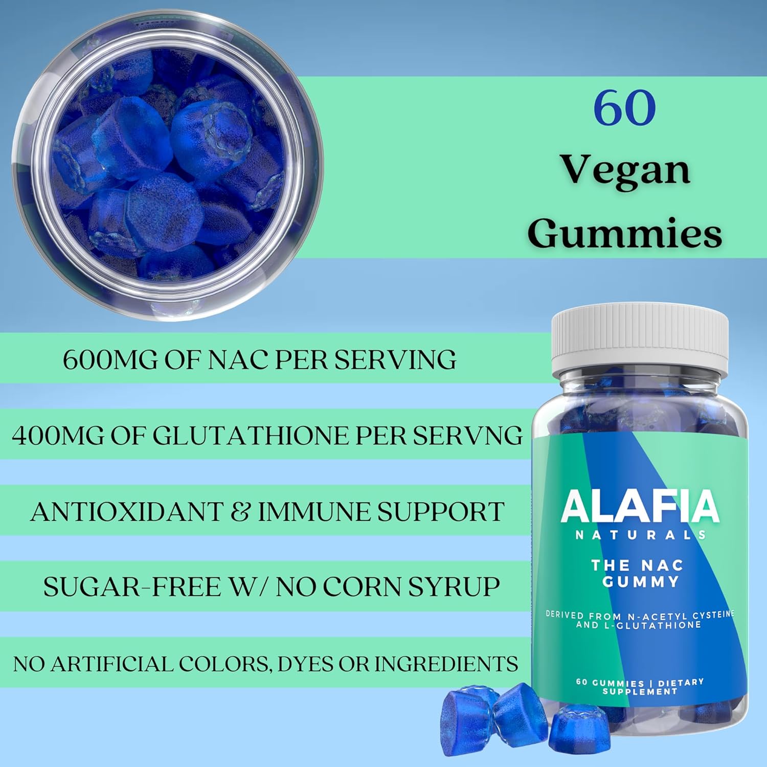 Alafia Naturals NAC Gummies - Sugar-Free Supplement for Respiratory, Liver, Kidney Health - Antioxidant Support - MCT-Oil Coated - Vegan - 60ct