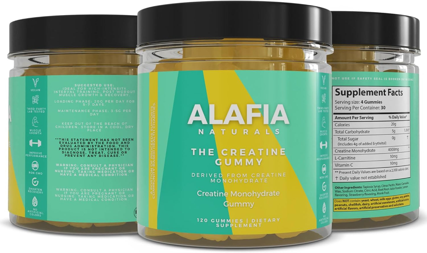 Alafia Naturals Sugar Free Creatine Gummies with L-Carnitine, 5g per Serving, 120 ct - Boost Strength, Muscle Growth, & Recovery for Men & Women
