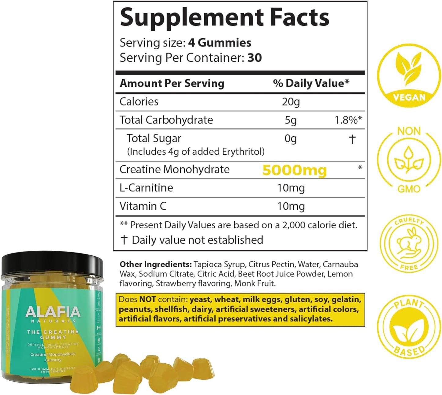 Alafia Naturals Sugar Free Creatine Gummies with L-Carnitine, 5g per Serving, 120 ct - Boost Strength, Muscle Growth, & Recovery for Men & Women