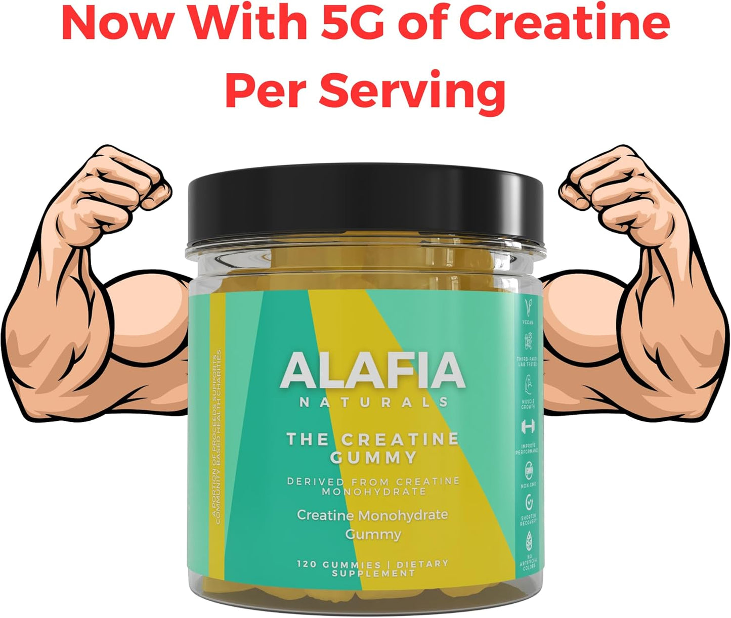Alafia Naturals Sugar Free Creatine Gummies with L-Carnitine, 5g per Serving, 120 ct - Boost Strength, Muscle Growth, & Recovery for Men & Women