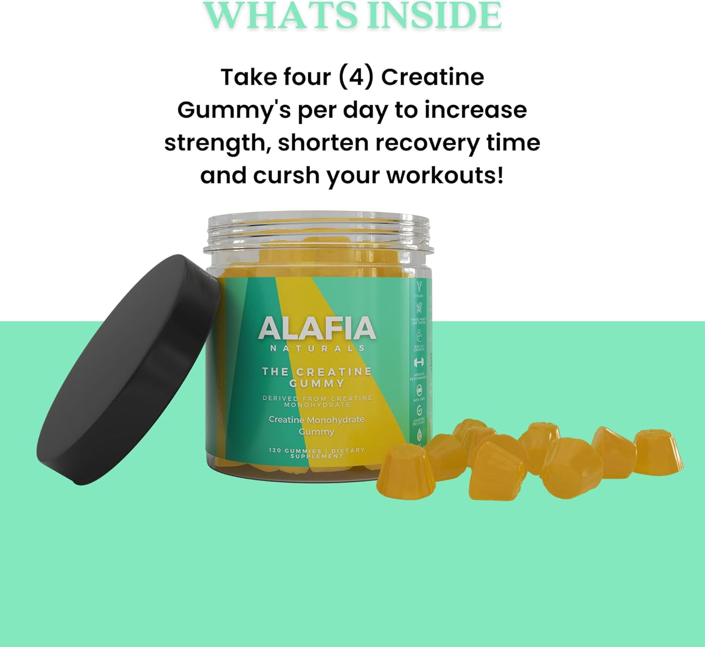 Alafia Naturals Sugar Free Creatine Gummies with L-Carnitine, 5g per Serving, 120 ct - Boost Strength, Muscle Growth, & Recovery for Men & Women