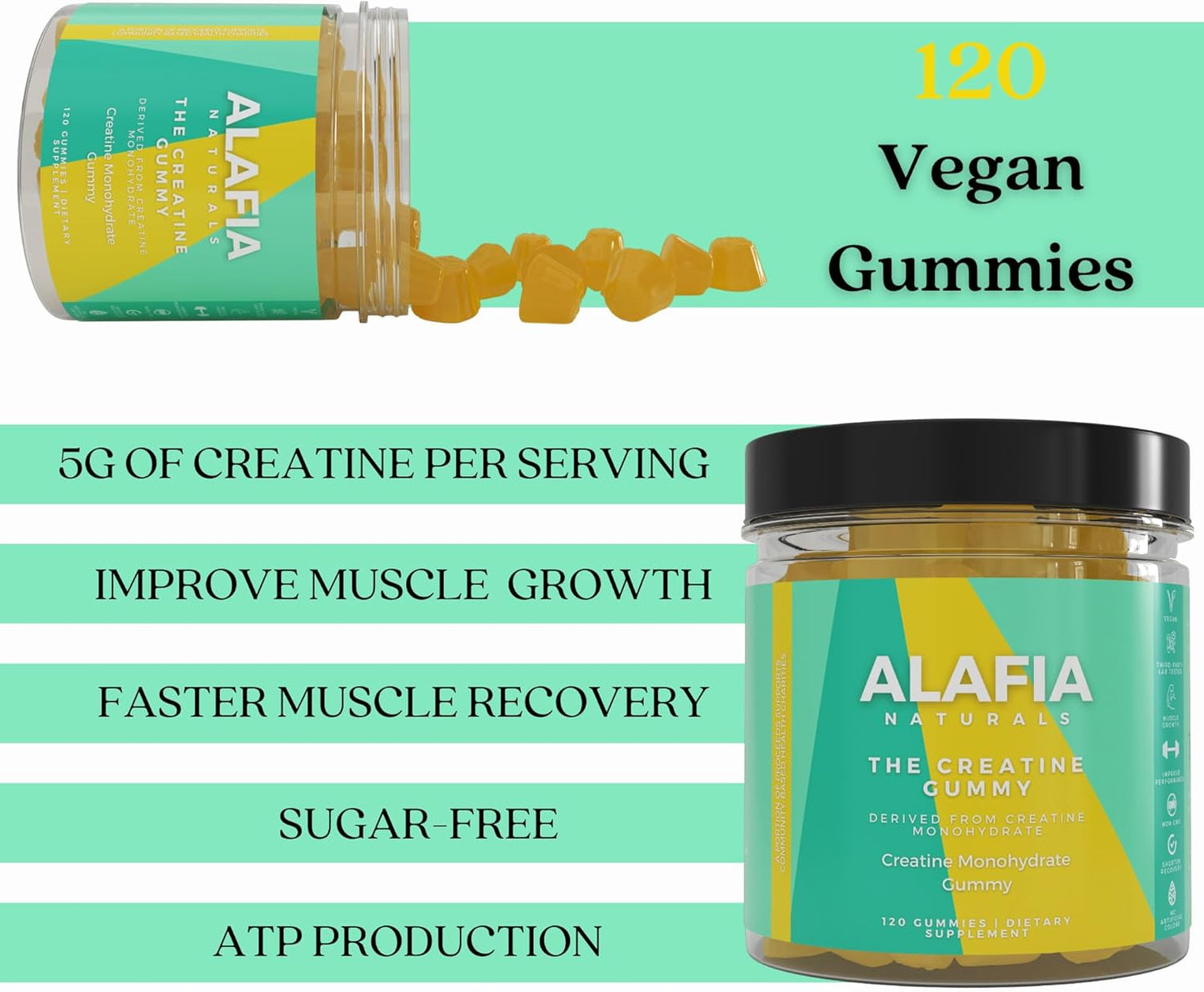 Alafia Naturals Sugar Free Creatine Gummies with L-Carnitine, 5g per Serving, 120 ct - Boost Strength, Muscle Growth, & Recovery for Men & Women