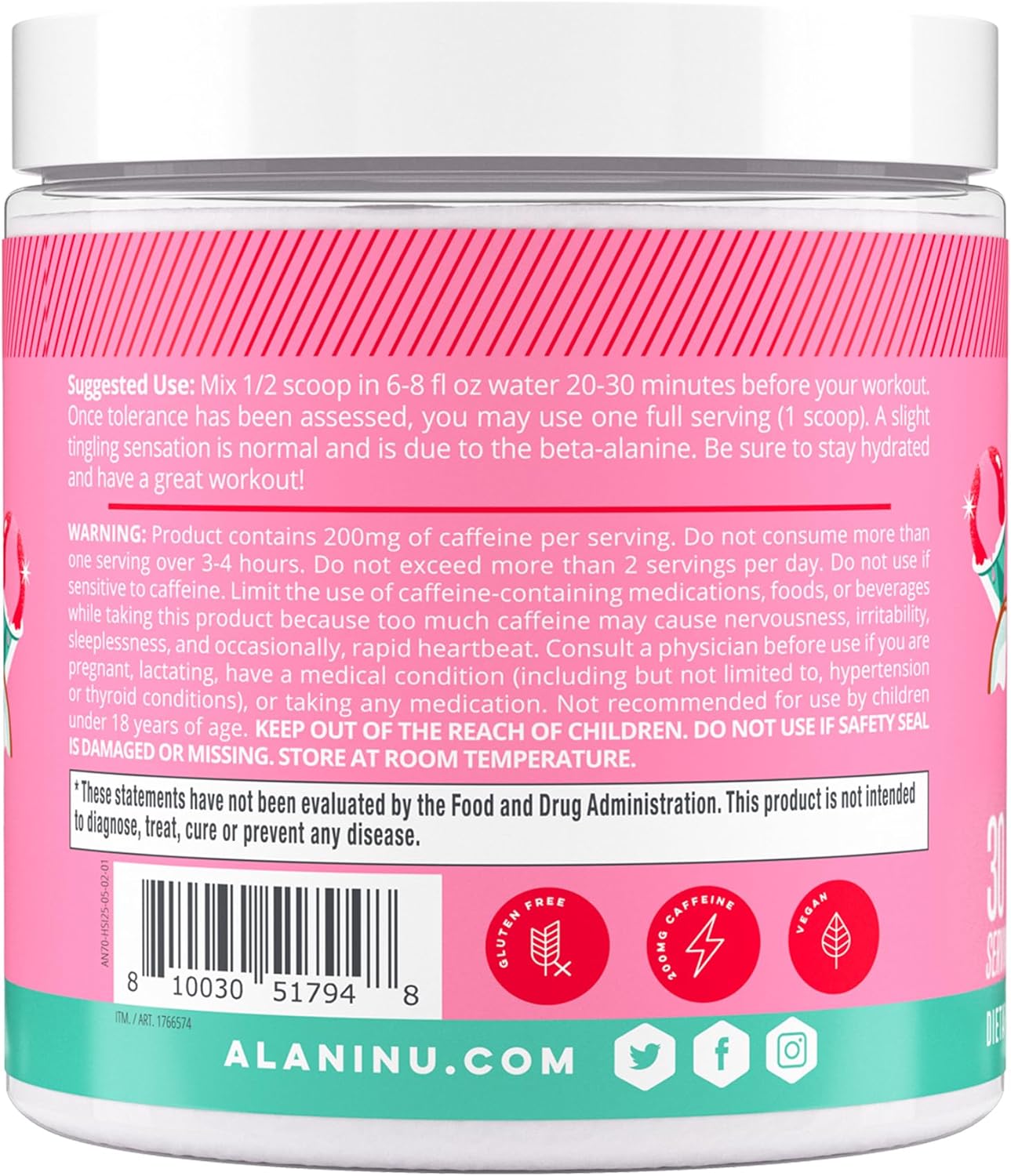 Alani Nu Hawaiian Shaved Ice Pre Workout Powder - Sugar Free Energy Boost Supplement with Caffeine, Amino Acids - 30 Servings