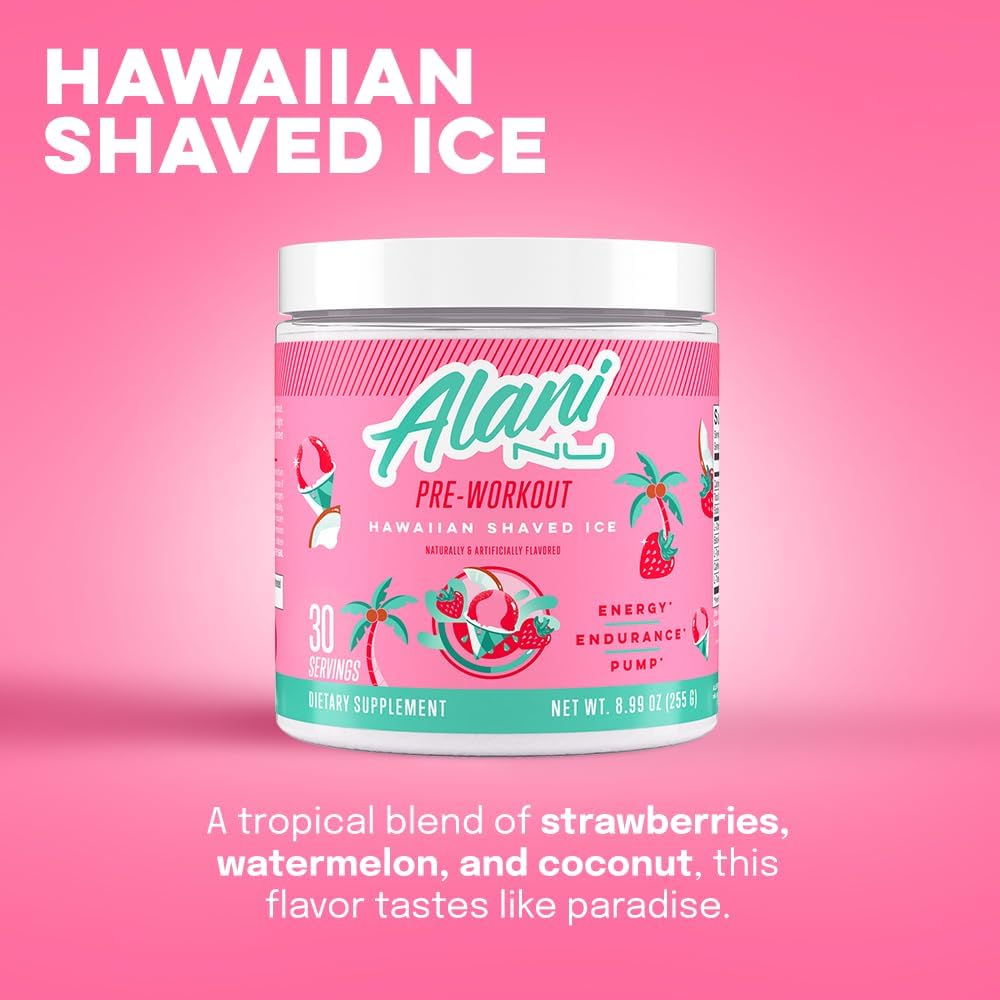 Alani Nu Hawaiian Shaved Ice Pre Workout Powder - Sugar Free Energy Boost Supplement with Caffeine, Amino Acids - 30 Servings
