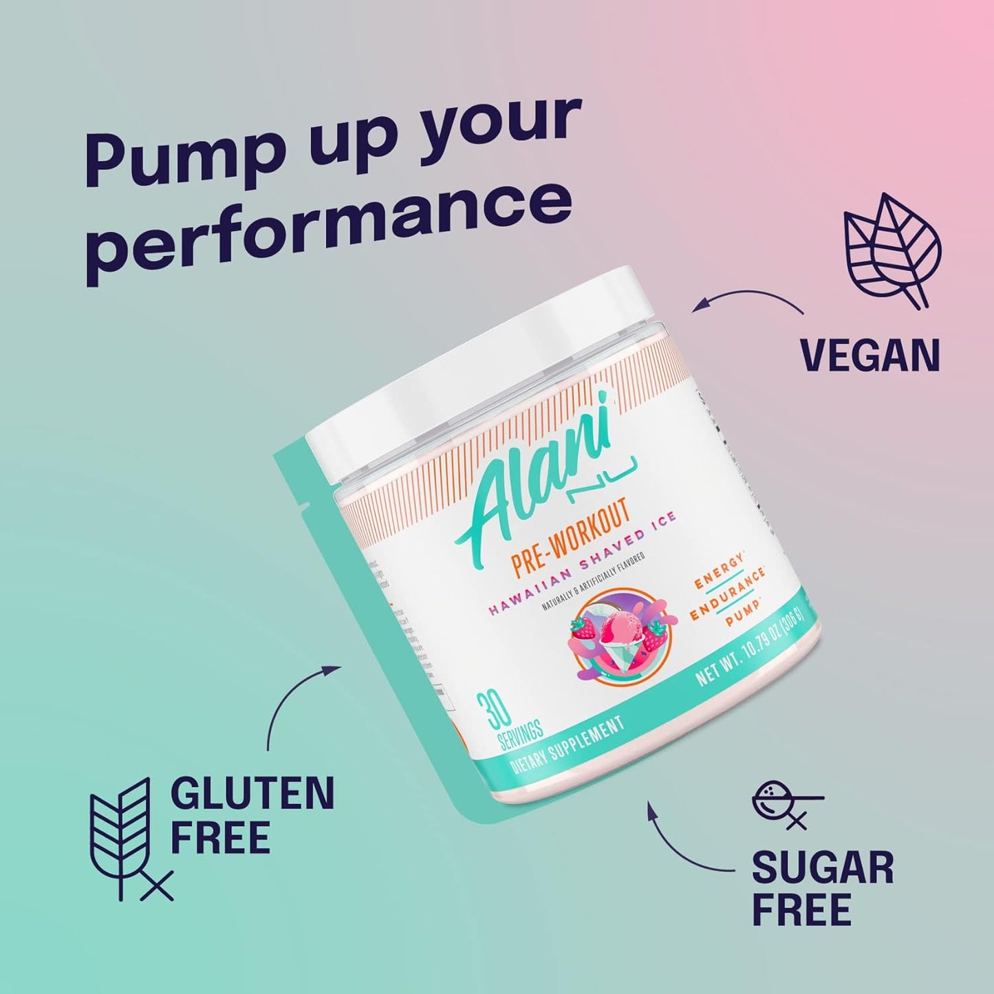 Alani Nu Hawaiian Shaved Ice Pre Workout Powder - Sugar Free Energy Boost Supplement with Caffeine, Amino Acids - 30 Servings