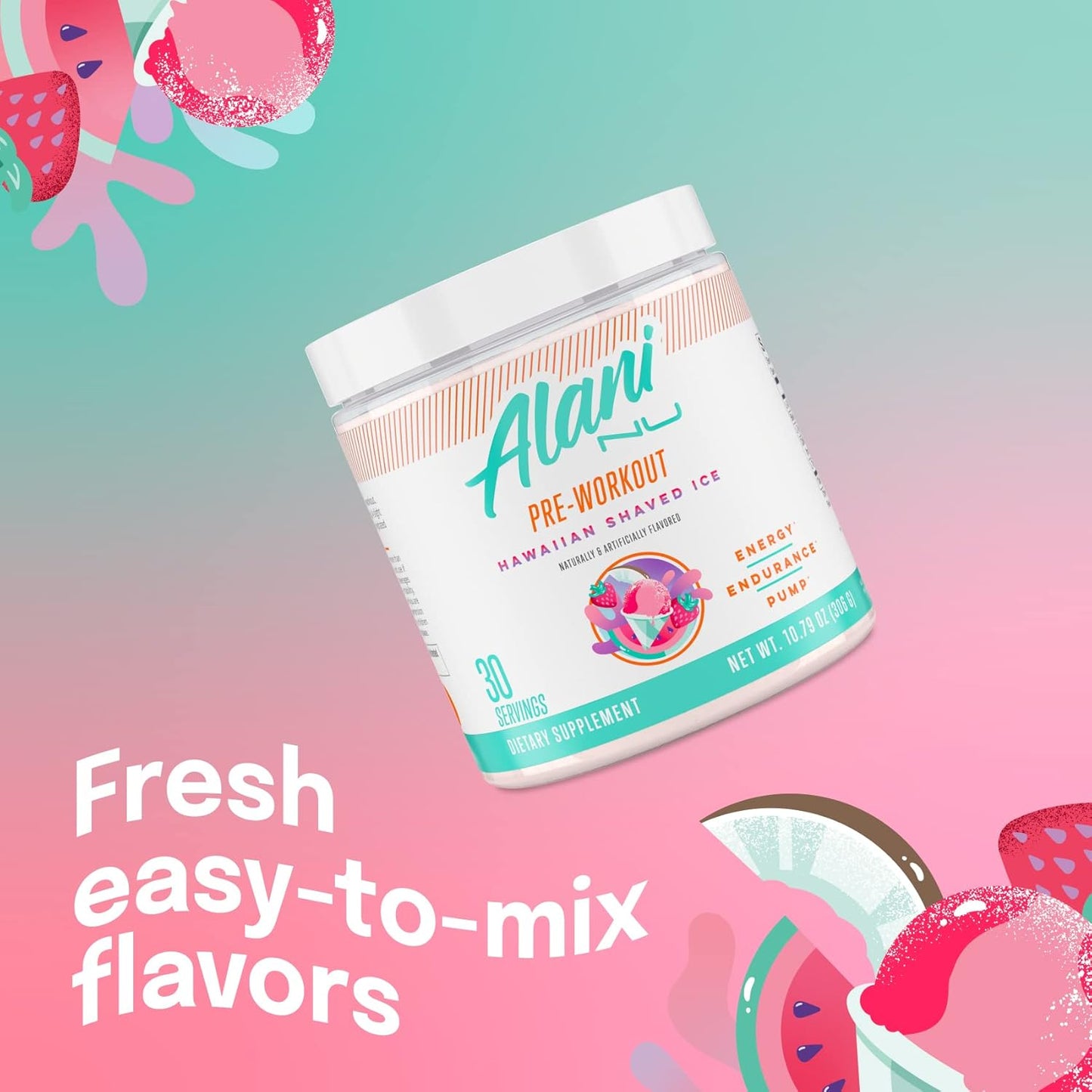 Alani Nu Hawaiian Shaved Ice Pre Workout Powder - Sugar Free Energy Boost Supplement with Caffeine, Amino Acids - 30 Servings