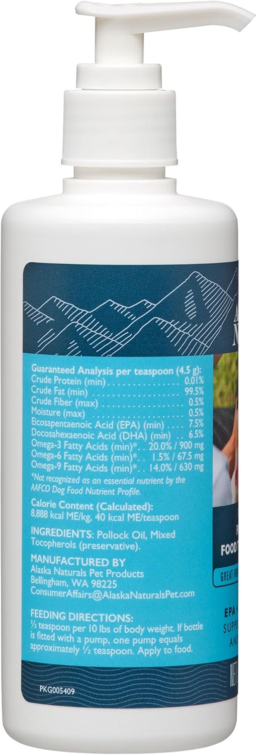 Alaska Naturals Wild Alaskan Fish Oil for Dogs - Omega 3 Dog Supplements - Supports Skin, Coat, Brain Health - Natural Liquid Topper - 8 oz. Pump