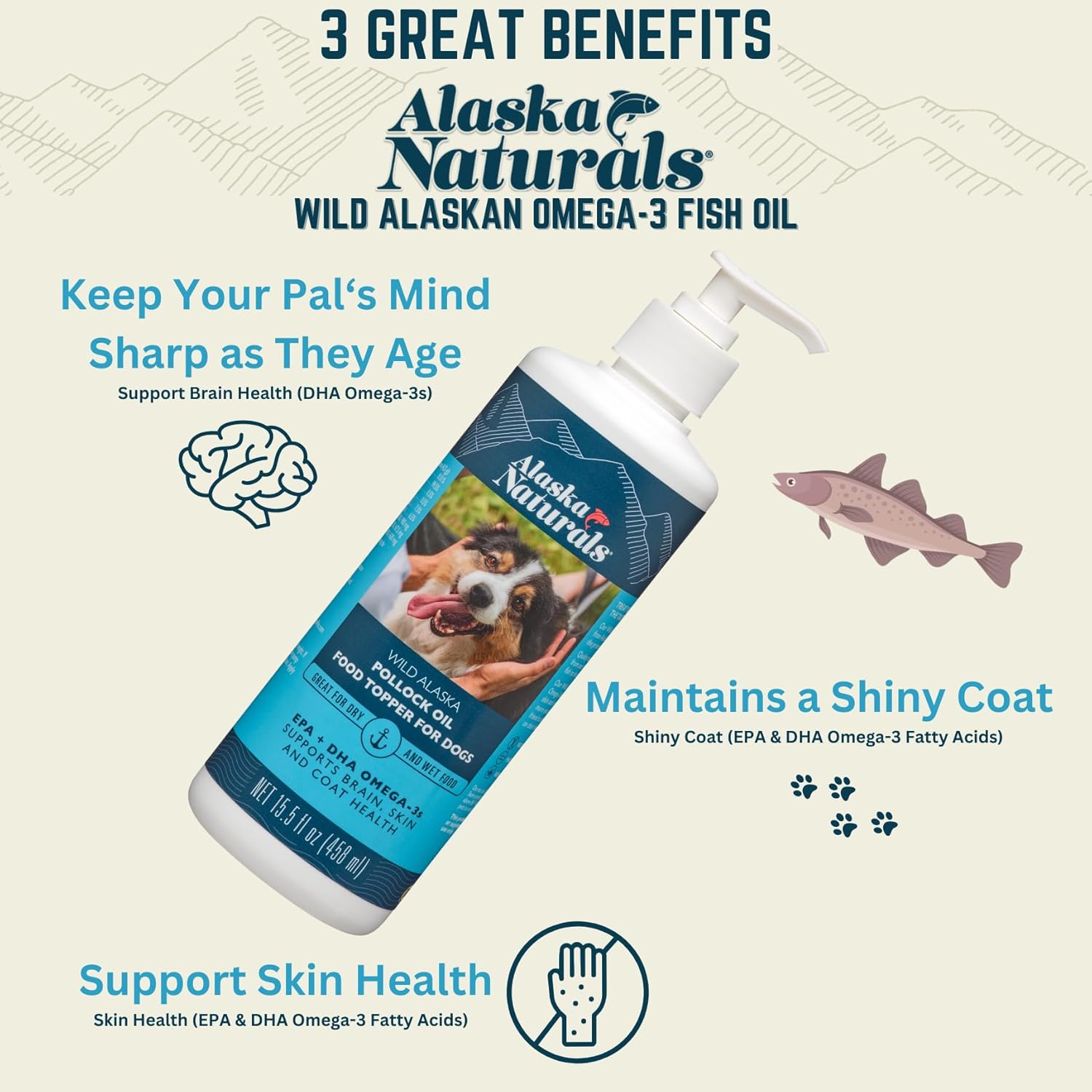 Alaska Naturals Wild Alaskan Fish Oil Supplement for Dogs Skin and Coat - EPA DHA Omega 3 Fatty Acids Liquid Topper 15.5 oz. Pump - Sustainable