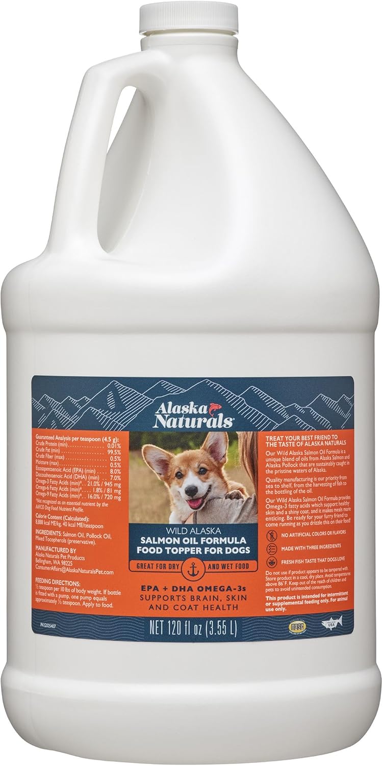 Alaska Naturals Wild Alaskan Salmon Fish Oil for Dogs Skin and Coat - Omega 3 Dog Supplements - Supports Fur Coat and Brain Health - Natural Liquid Food Topper for Pets - 120 oz.