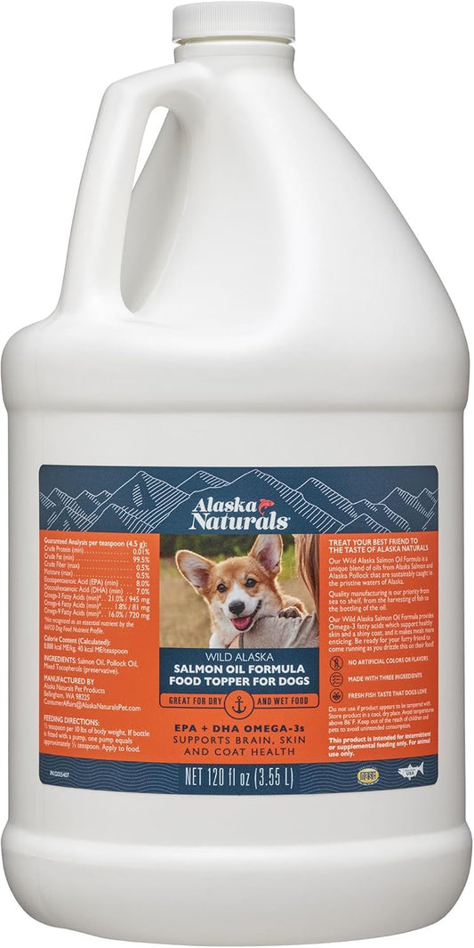 Alaska Naturals Wild Alaskan Salmon Fish Oil for Dogs Skin and Coat - Omega 3 Dog Supplements - Supports Fur Coat and Brain Health - Natural Liquid Food Topper for Pets - 120 oz.