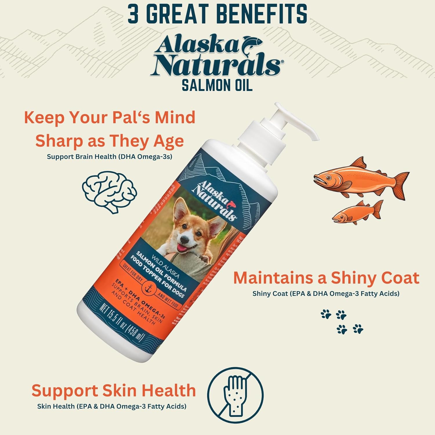Alaska Naturals Wild Alaskan Salmon Fish Oil for Dogs Skin and Coat - Omega 3 Dog Supplements - Supports Fur Coat and Brain Health - Natural Liquid Food Topper for Pets - 120 oz.
