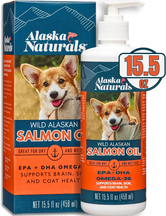 Alaska Naturals Wild Alaskan Salmon Fish Oil Supplement for Dogs Skin and Coat - Liquid Food Topper with EPA DHA Omega 3 Fatty Acids - 15.5 oz. Pump