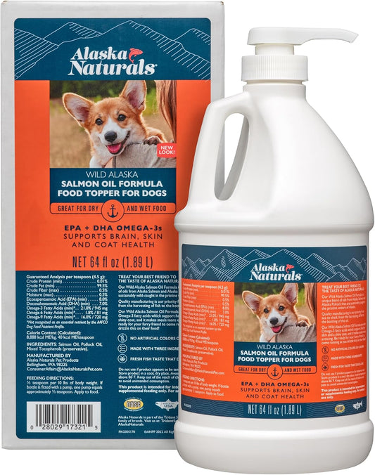 Alaska Naturals Wild Alaskan Salmon Fish Oil Supplement for Dogs Skin and Coat 64 oz. Pump - Liquid Food Topper with Omega 3 EPA DHA