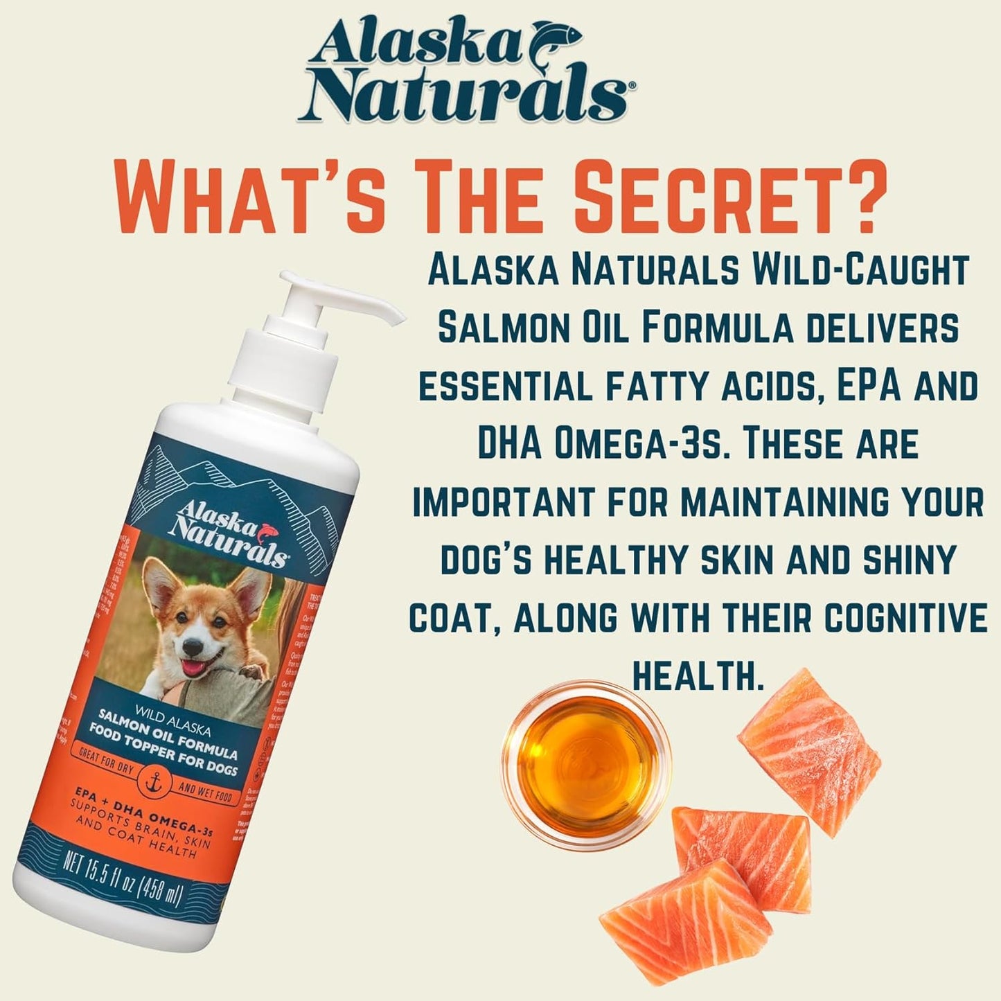 Alaska Naturals Wild Alaskan Salmon Fish Oil Supplement for Dogs Skin and Coat - Liquid Food Topper with EPA DHA Omega 3 Fatty Acids - 15.5 oz. Pump