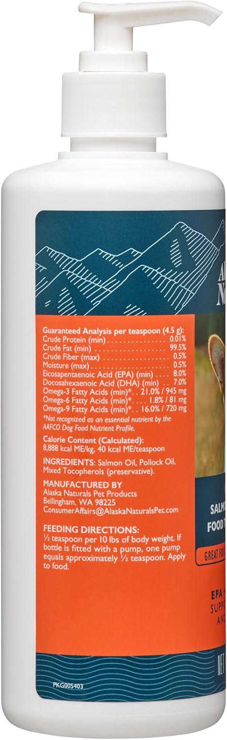Alaska Naturals Wild Salmon Oil Dog Food Topper for Healthy Skin & Coat - EPA & DHA Omega-3 Supplement - Made in USA - 15.5 oz Bottle