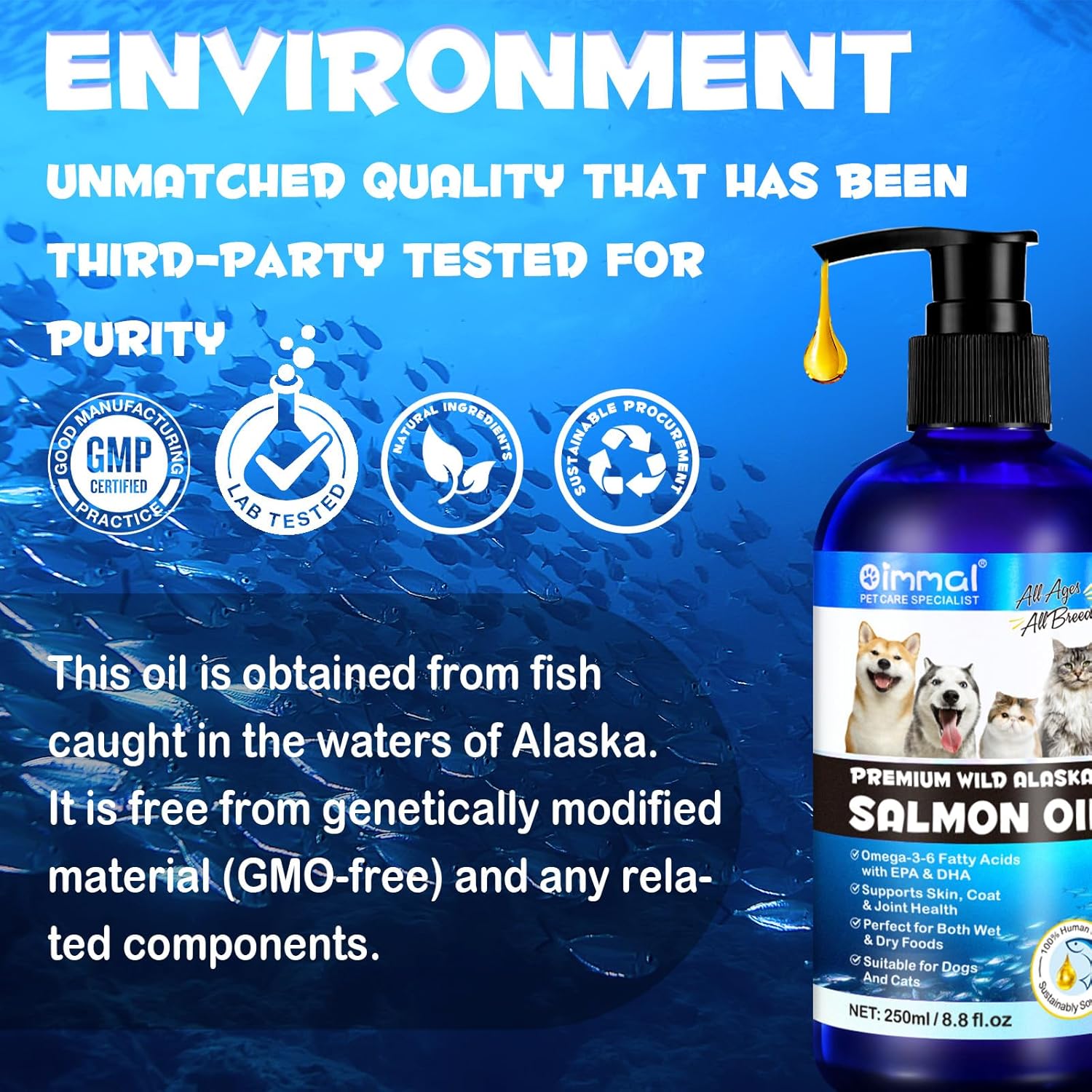 Alaskan Salmon Oil for Dogs & Cats - 8.8 oz Pure Omega 3 Fish Oil with Omega 6 Fatty Acids, EPA & DHA - Anti-inflammatory Skin & Coat Supplement for Pets