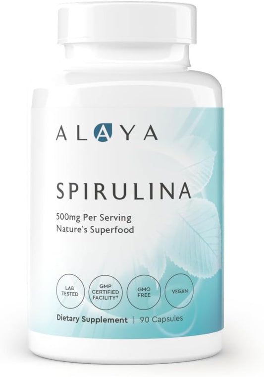 Alaya Naturals Earthrise Spirulina Capsules - Non-GMO Vegan Superfood - 500mg, 90 Ct