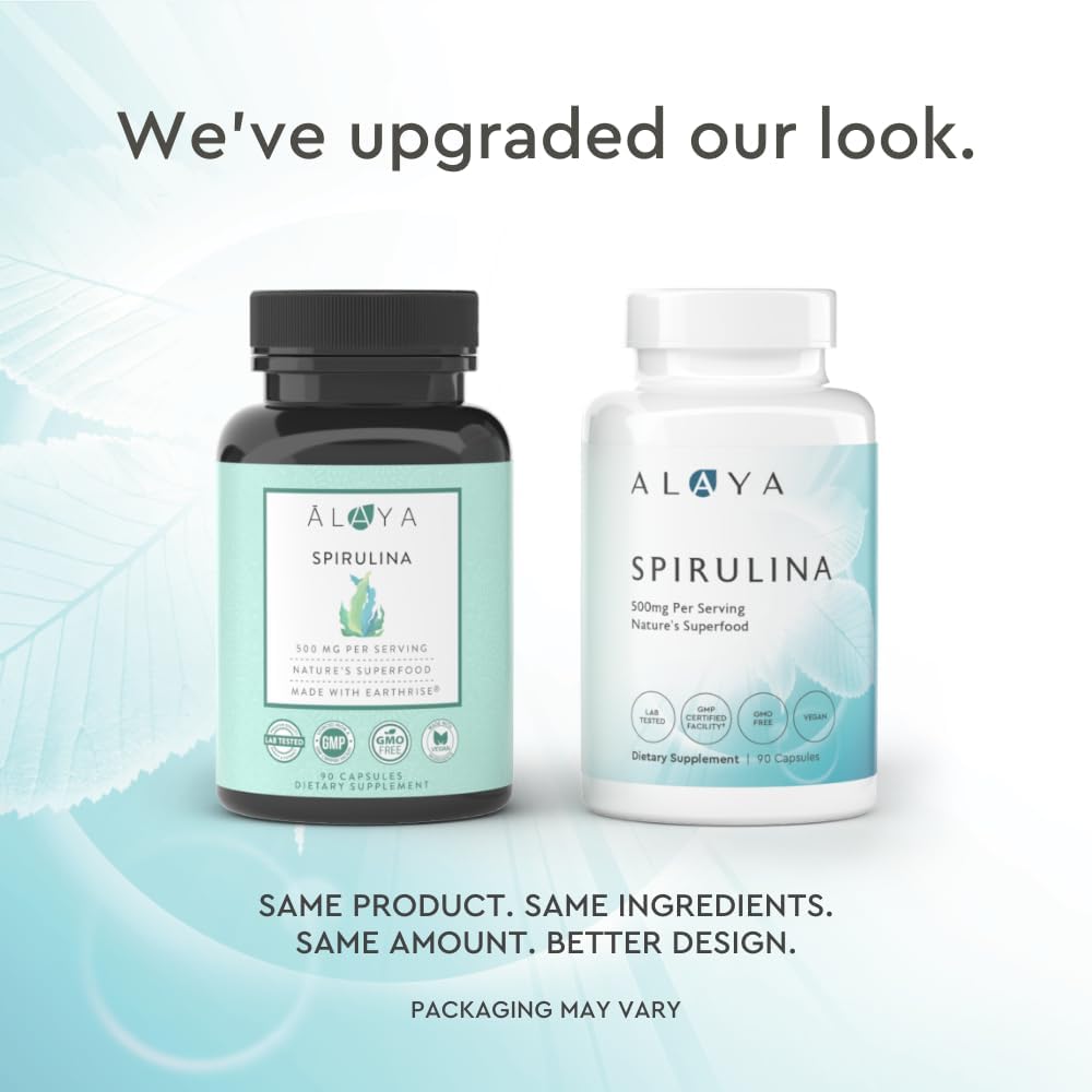 Alaya Naturals Earthrise Spirulina Capsules - Non-GMO Vegan Superfood - 500mg, 90 Ct