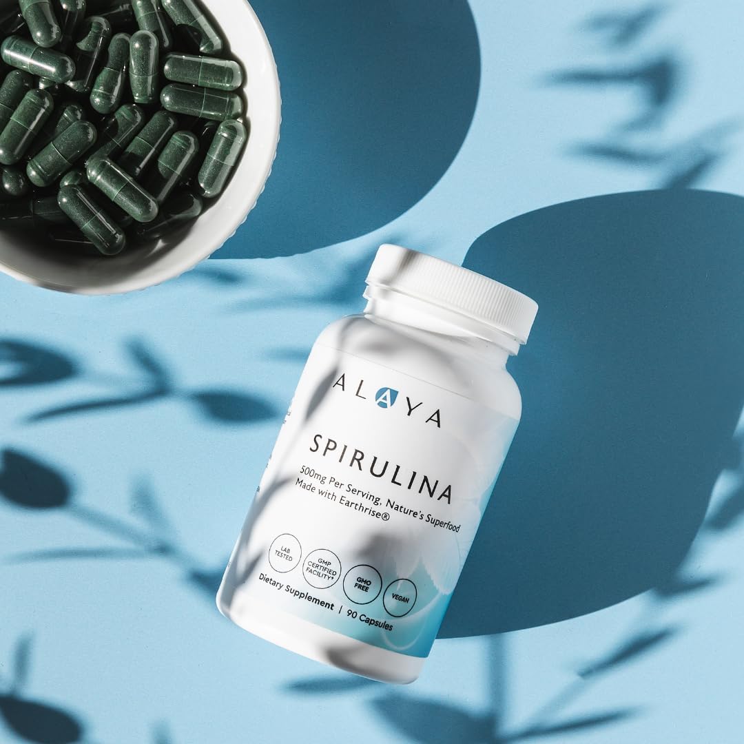 Alaya Naturals Earthrise Spirulina Capsules - Non-GMO Vegan Superfood - 500mg, 90 Ct