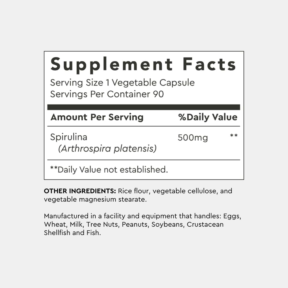 Alaya Naturals Earthrise Spirulina Capsules - Non-GMO Vegan Superfood - 500mg, 90 Ct