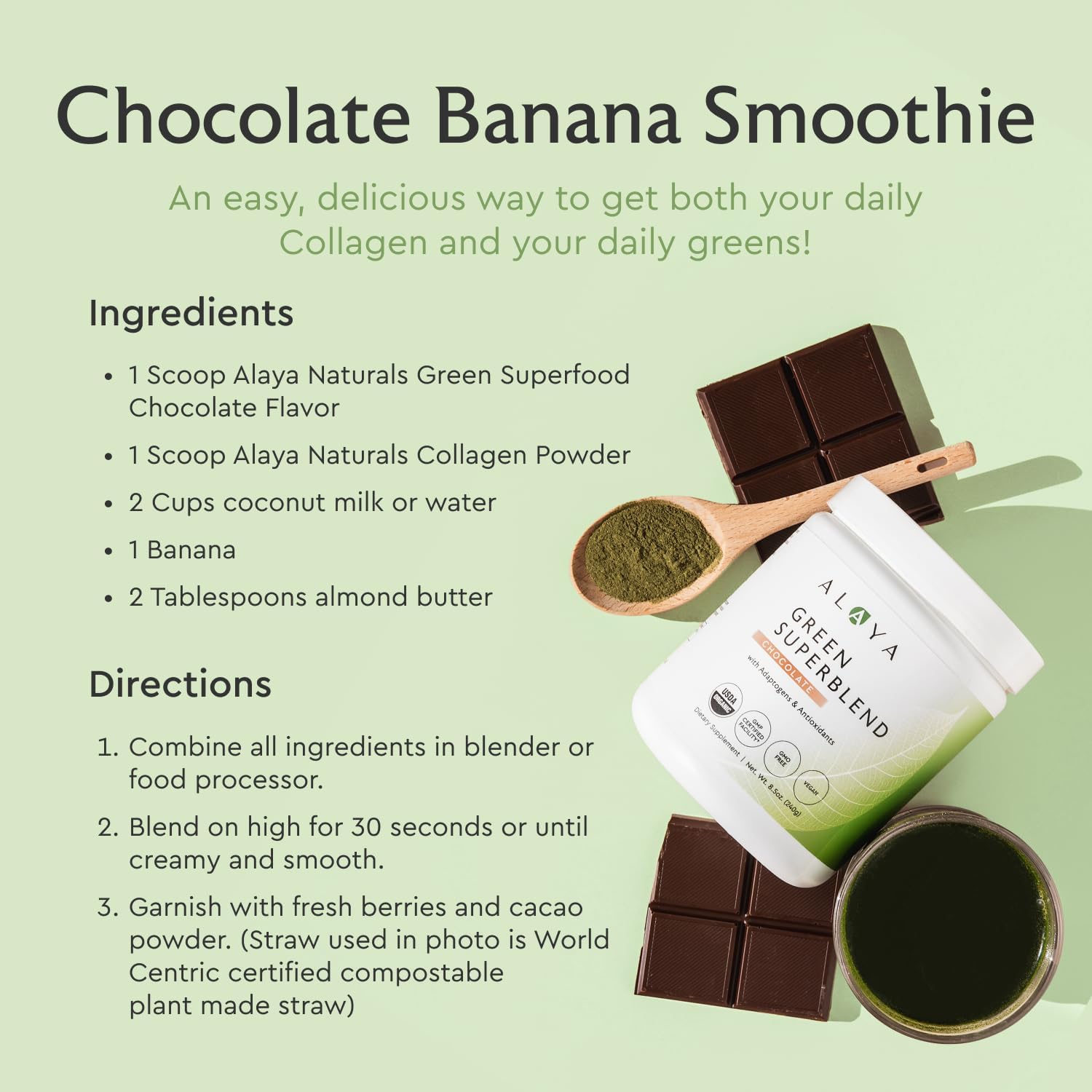 Alaya Naturals Organic Super Greens Powder - Premium Green Juice Superfood Supplement with Adaptogens, Antioxidants, Probiotics - USDA Organic, Non-GMO, Vegan - 30 Servings (Chocolate)