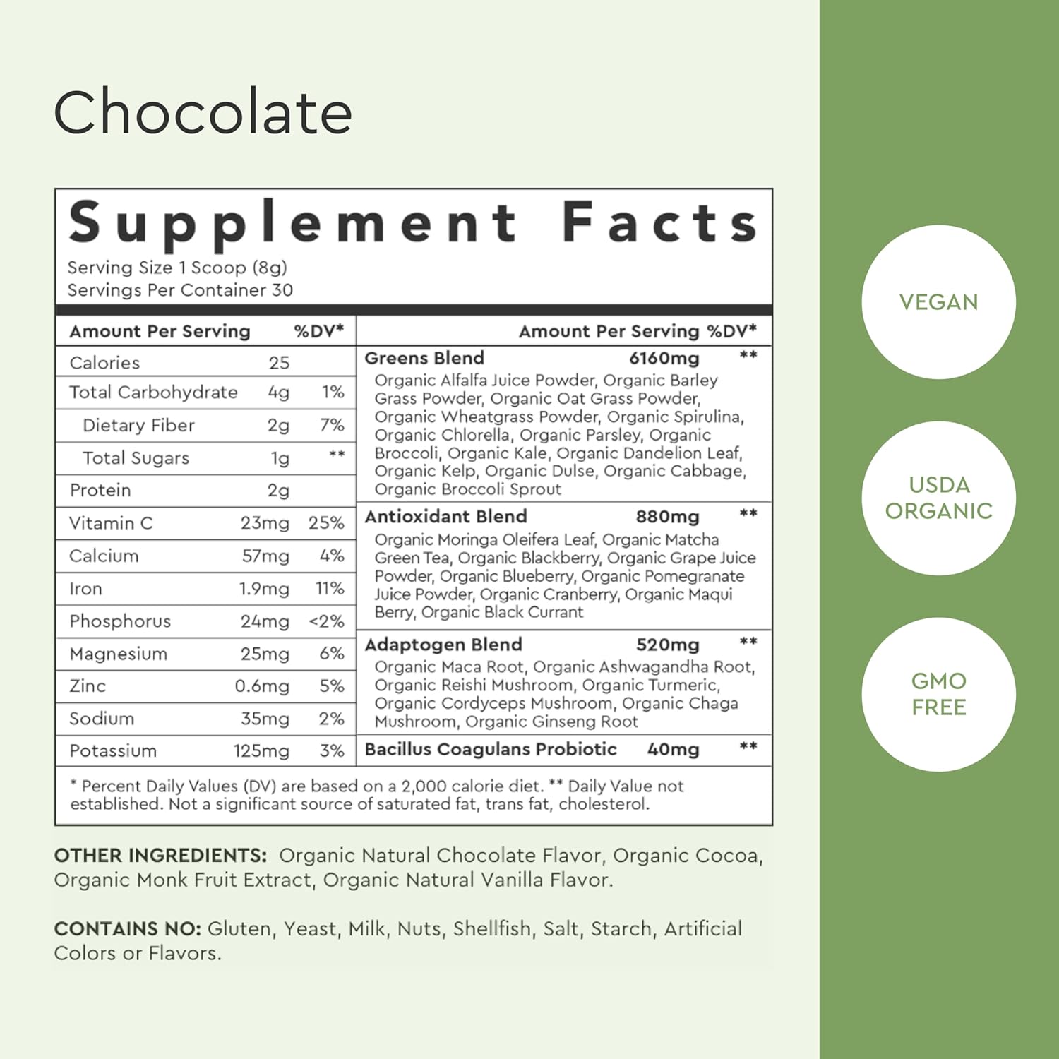 Alaya Naturals Organic Super Greens Powder - Premium Green Juice Superfood Supplement with Adaptogens, Antioxidants, Probiotics - USDA Organic, Non-GMO, Vegan - 30 Servings (Chocolate)