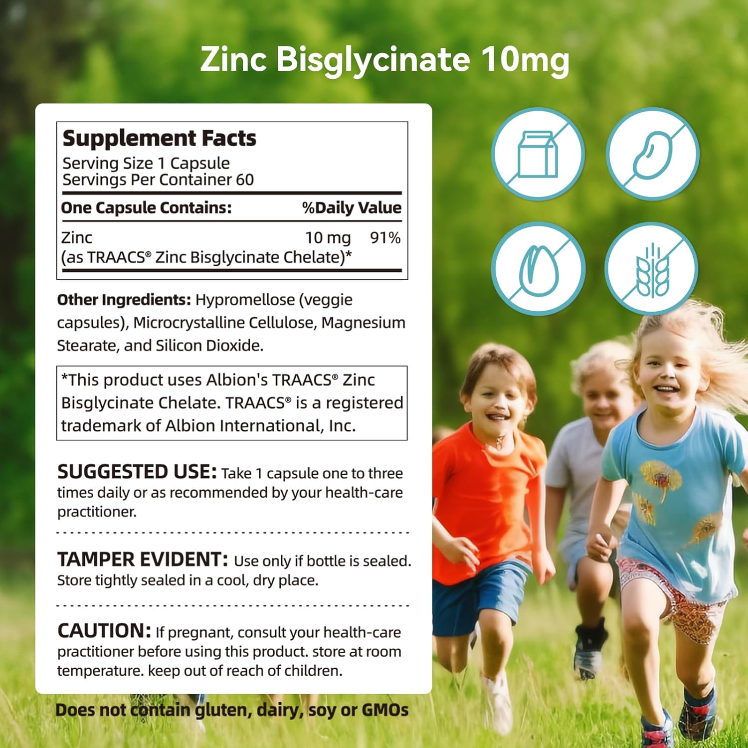 Albion TRAACS Zinc Bisglycinate Supplement 10mg, 60 Mini Capsules Size#2
