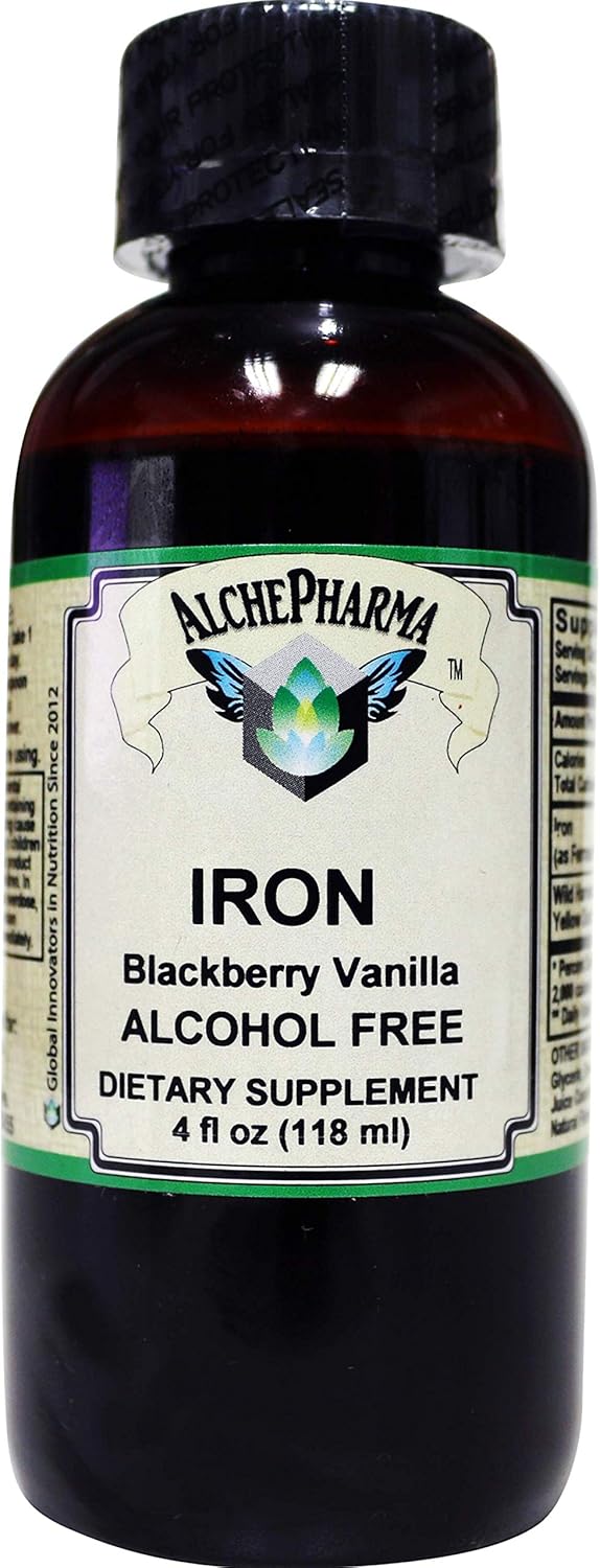 AlchePharma Iron Liquid Supplement - High Absorption Ferrous Bisglycinate Chelate - BlackBerry Vanilla Flavor - 4 fl oz - 24 Servings