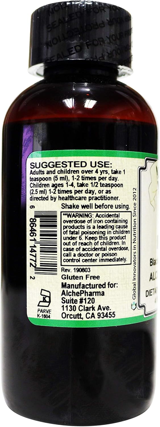 AlchePharma Iron Liquid Supplement - High Absorption Ferrous Bisglycinate Chelate - BlackBerry Vanilla Flavor - 4 fl oz - 24 Servings