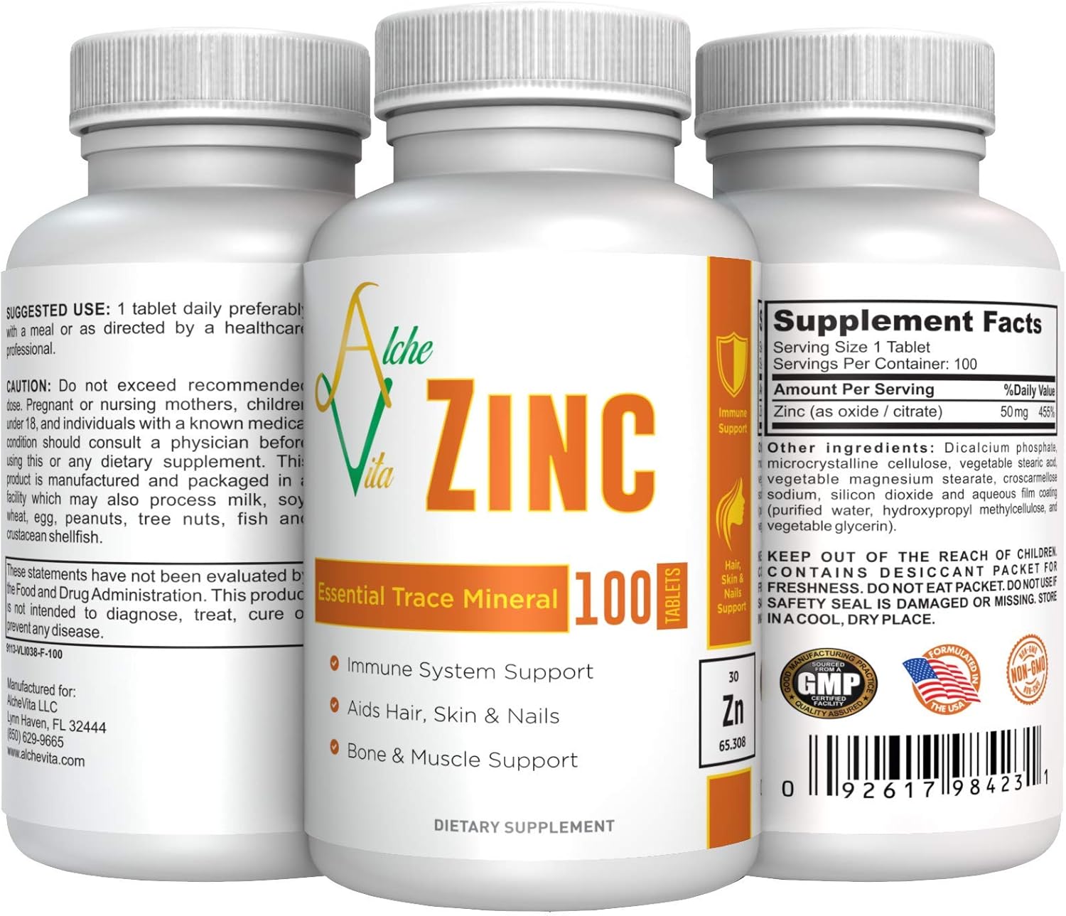 AlcheVita Zinc 50mg Supplement for Immune Support, Bones, Skin & Muscles - High Bio-Availability Trace Mineral