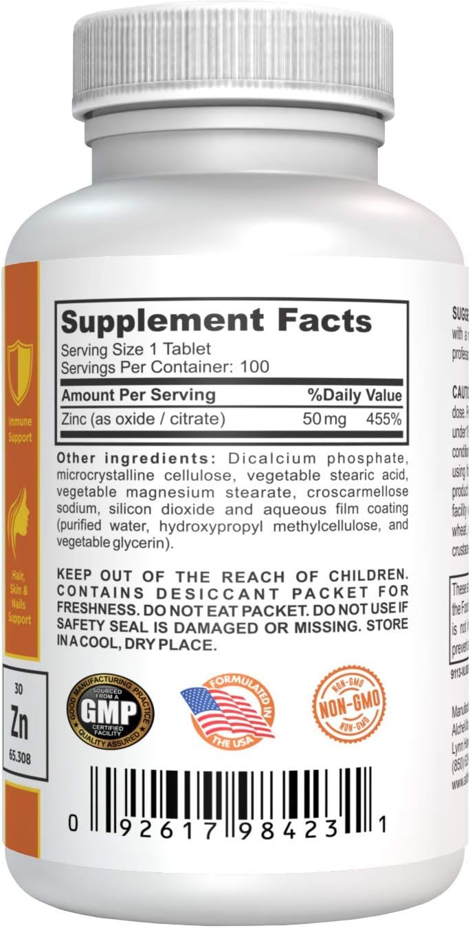 AlcheVita Zinc 50mg Supplement for Immune Support, Bones, Skin & Muscles - High Bio-Availability Trace Mineral