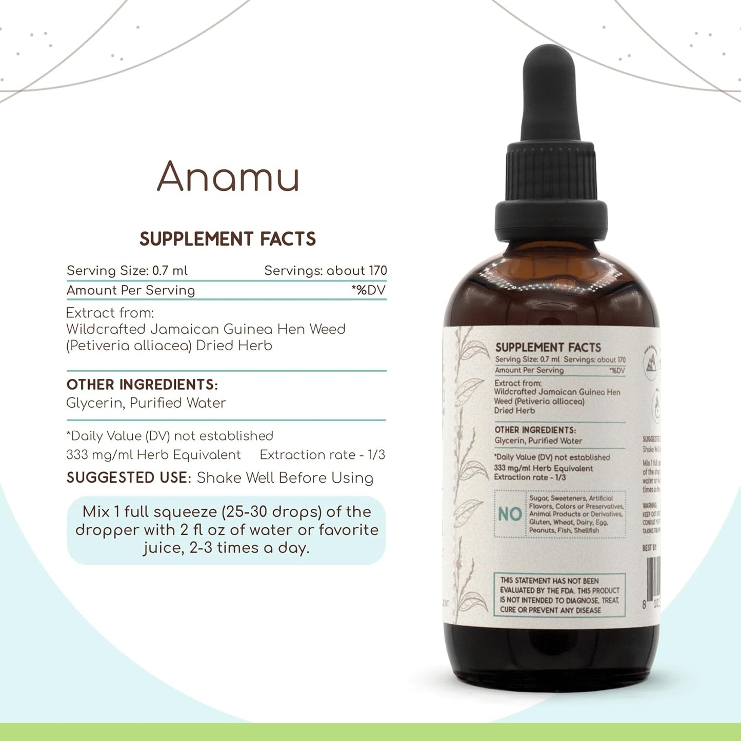 Alcohol-Free Anamu B120 Herbal Extract Tincture - 4 fl oz, Wildcrafted Jamaican Guinea Hen Weed Dried Herb