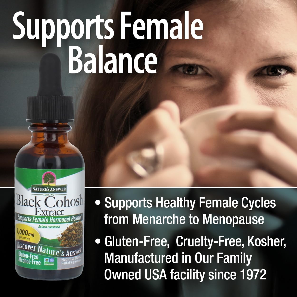 Alcohol-Free Black Cohosh Extract 1oz | Female Balance Support | Gluten-Free, Non-GMO | USA-Made | Cruelty-Free