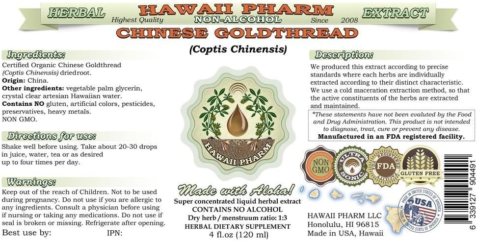 Alcohol-Free Chinese Goldthread Liquid Extract - 2oz Herbal Supplement from Hawaii Pharm