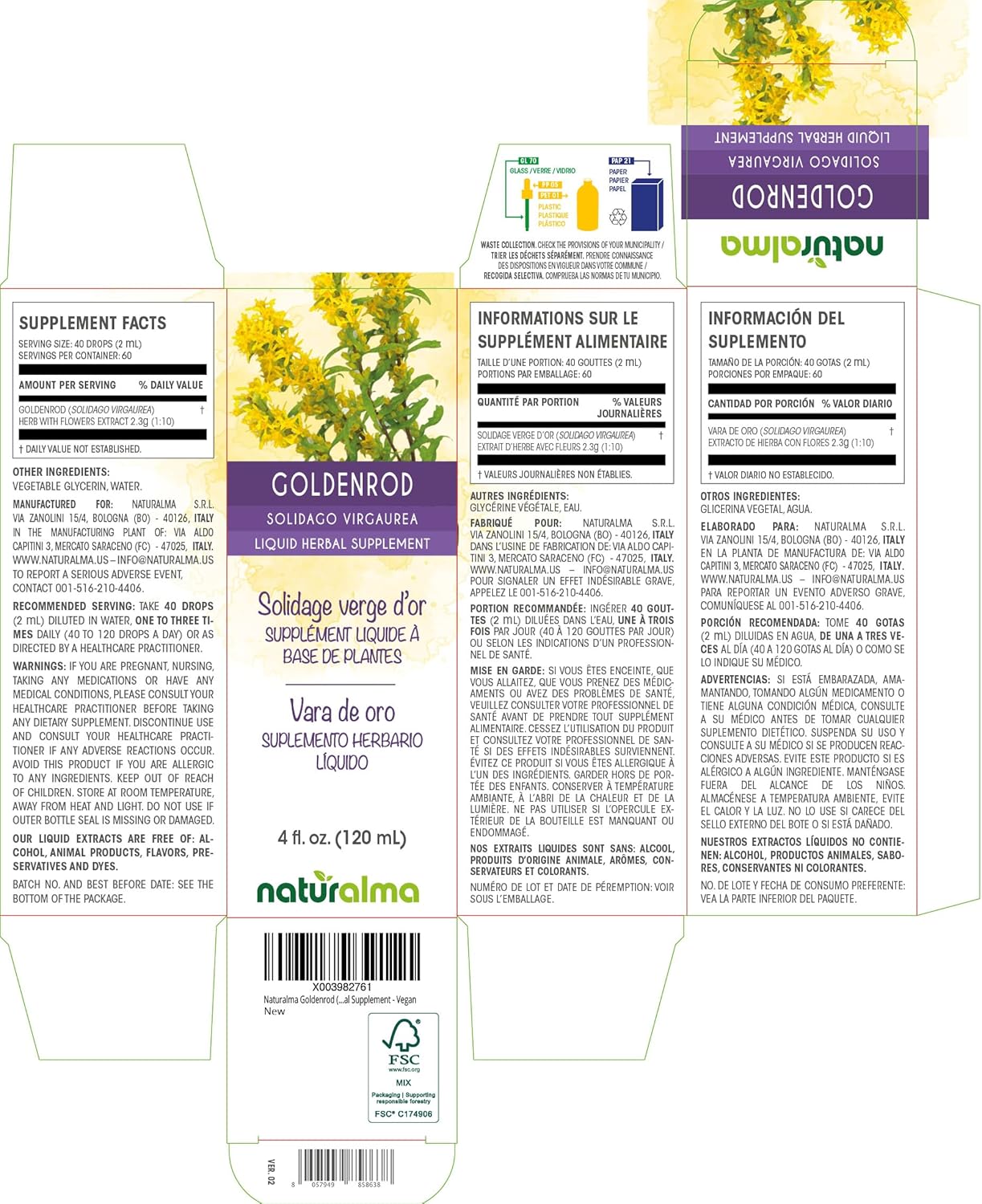 Alcohol-Free Goldenrod (Solidago virgaurea) Herb Tincture - 4 fl oz Liquid Extract Drops - Herbal Supplement for Vegans