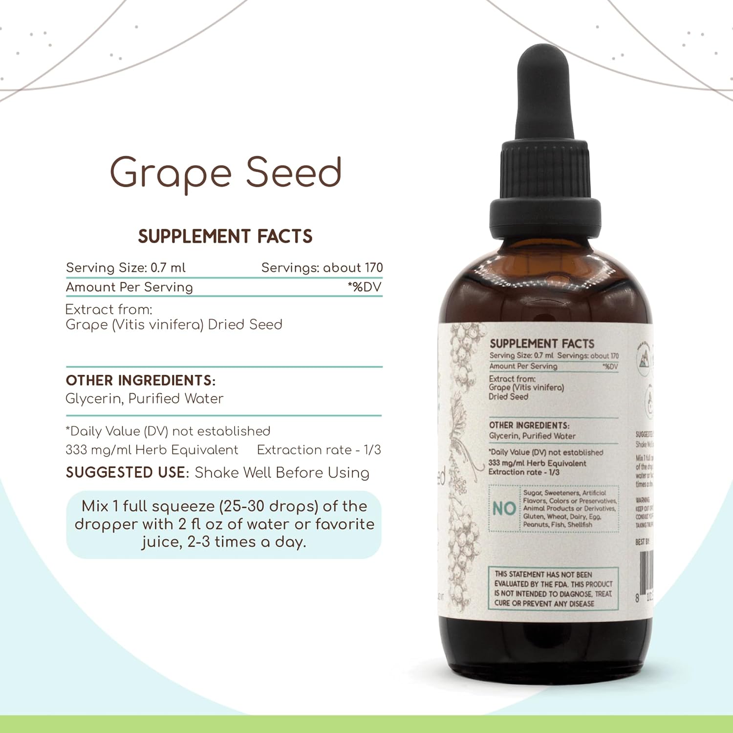 Alcohol-Free Grape Seed Herbal Extract Tincture by HerbEra - Concentrated Liquid Drops from Natural Vitis Vinifera Seed - 4 Fl Oz