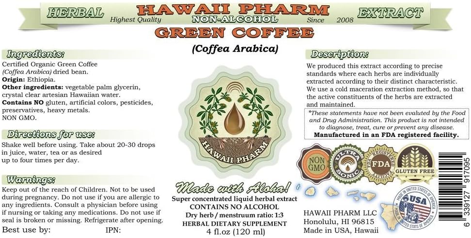 Alcohol-Free Green Coffee Extract Glycerite 2x2 oz - Natural Herbal Supplement, Dried Coffea Arabica Bean from Hawaii Pharm
