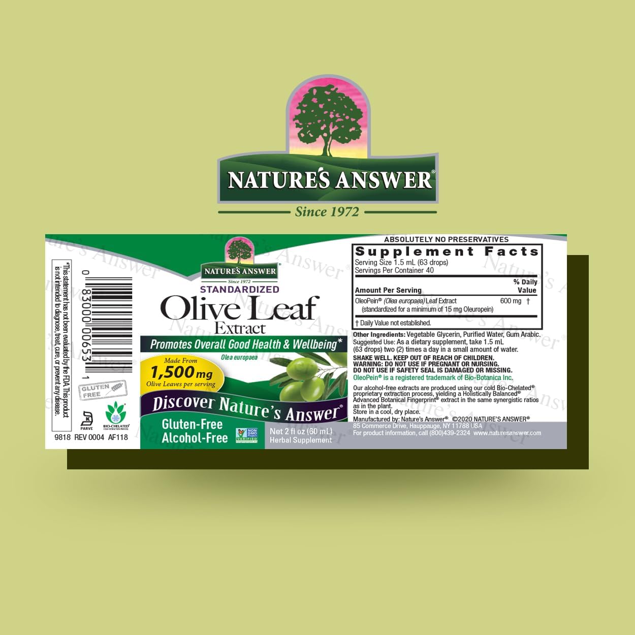Alcohol-Free Olive Leaf Extract for Wellness, Non-GMO, Vegan, Gluten-Free, Made in USA - 2 Ounce