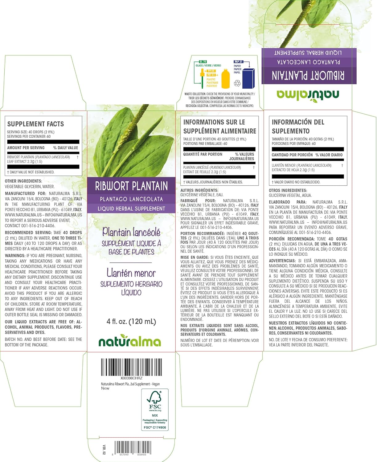 Alcohol-Free Ribwort Plantain Leaf Tincture - 4 fl oz Liquid Extract Drops - Herbal Supplement Vegan - Plantago Lanceolata