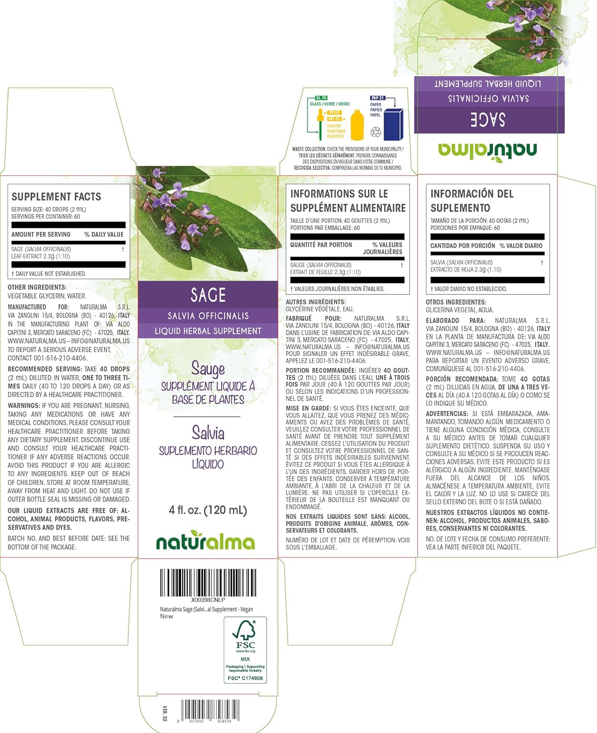 Alcohol-Free Sage Leaf Tincture - 4 fl oz Liquid Extract Drops - Herbal Supplement for Vegans