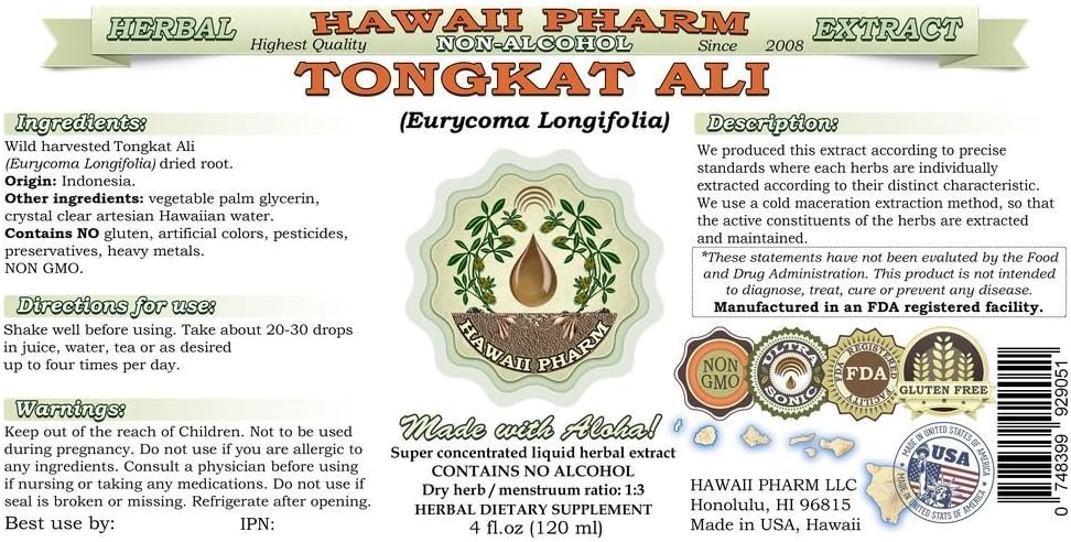 Alcohol-Free Tongkat Ali Liquid Extract 4 fl.oz by Hawaii Pharm - Eurycoma Longifolia Dried Root Glycerite Herbal Supplement