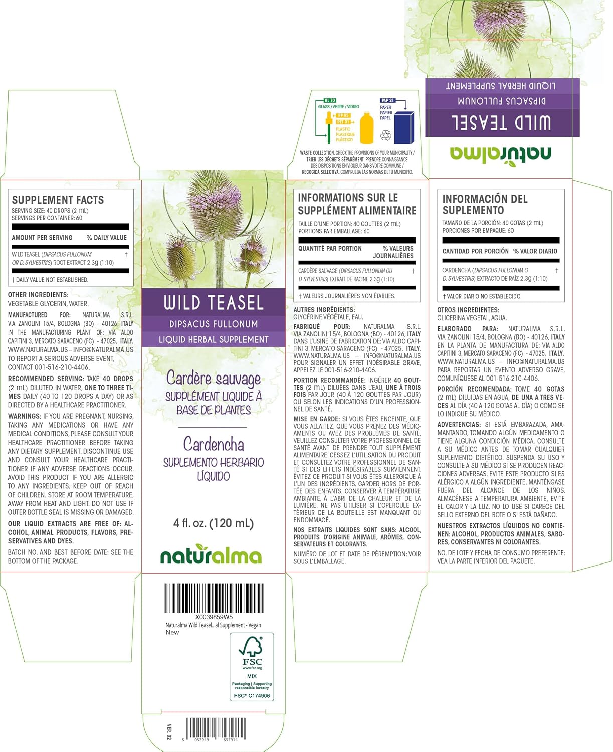 Alcohol-Free Wild Teasel Root Tincture - 4 fl oz Liquid Extract - Herbal Supplement - Vegan - Dipsacus fullonum or D. sylvestris