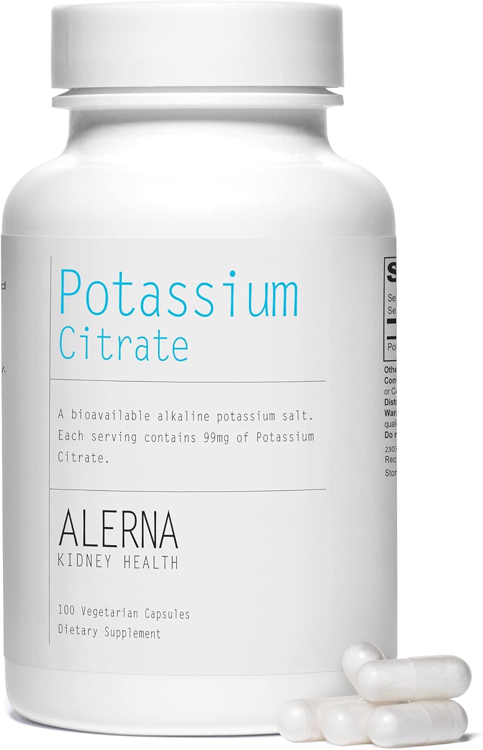 Alerna Kidney Health Potassium Citrate Capsules - Promotes Electrolyte Balance and Normal pH - 99mg Essential Mineral - 100 Vegetarian Capsules