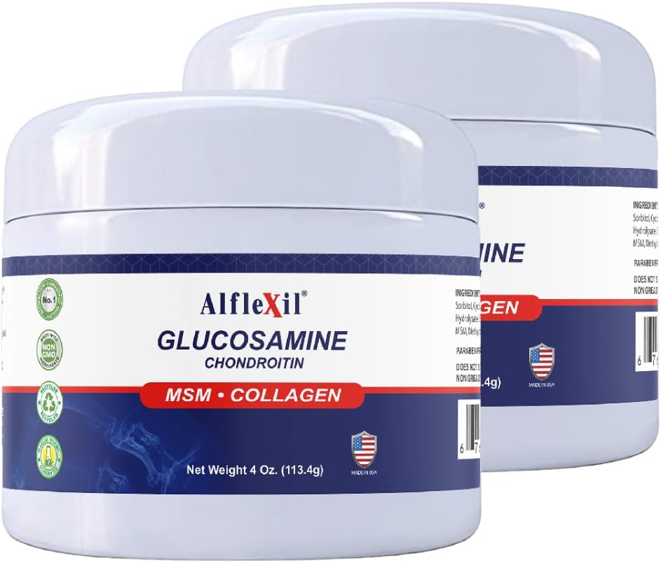 ALFA VITAMINS ALFLEXIL Glucosamine & Chondroitin Cream with MSM & Collagen - 4 Oz Jar (2 PACK) for Joint, Bone & Muscle Pain Relief