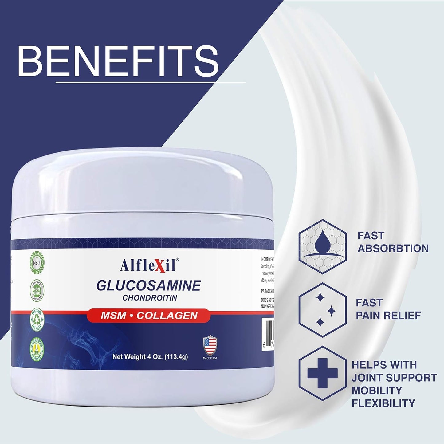 ALFA VITAMINS ALFLEXIL Glucosamine & Chondroitin Cream with MSM & Collagen - 4 Oz Jar (2 PACK) for Joint, Bone & Muscle Pain Relief